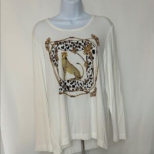 Chico’s Women’s Large Long Sleeve White Shirt Cheetah Graphic Front Pullover Top